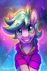 Size: 2000x3000 | Tagged: safe, artist:jedayskayvoker, oc, oc only, oc:tranquil neon, pony, abstract background, bust, clothes, high res, hoodie, looking at you, male, smiling, smiling at you, solo, stallion