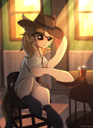 Size: 2000x2753 | Tagged: safe, artist:redchetgreen, oc, oc only, earth pony, pony, chair, clothes, crepuscular rays, cup, female, hat, high res, mare, shirt, sitting, solo, table