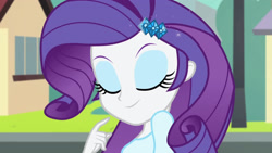 Size: 3410x1920 | Tagged: safe, screencap, rarity, equestria girls, g4, player piano, rainbow rocks, eyes closed, female, flirting, hairpin, high res, smiling, solo