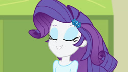 Size: 3410x1920 | Tagged: safe, screencap, rarity, equestria girls, g4, my little pony equestria girls: rainbow rocks, player piano, eyes closed, female, hairpin, high res, lip bite, lockers, smiling, solo