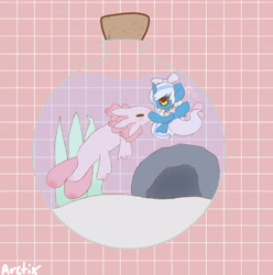 Size: 1280x1290 | Tagged: safe, artist:arcticfoxbat, oc, oc:fleurbelle, alicorn, axolotl, sea pony, adorabelle, alicorn oc, bottle, bow, bubble, cute, female, fins, fish tail, flowing tail, hair bow, heart eyes, horn, mare, ocbetes, ocean, seaweed, swimming, tail, underwater, water, wingding eyes, wings, yellow eyes