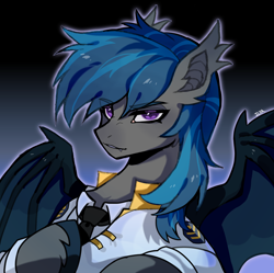 Size: 2412x2405 | Tagged: source needed, safe, artist:ilya, oc, oc only, oc:nocturne star, bat pony, pony, bat pony oc, bat wings, blue mane, bust, clothes, grey fur, high res, male, portrait, solo, stallion, suit, wings