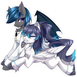 Size: 2000x2000 | Tagged: safe, artist:午夜, oc, oc only, oc:jason, oc:nocturne star, bat pony, pegasus, pony, bat pony oc, bat wings, blue mane, chest fluff, clothes, couple, folded wings, grin, high res, jacket, looking at you, lying down, male, necktie, one eye closed, ponytail, prone, purple eyes, simple background, smiling, smiling at you, stallion, uniform, unshorn fetlocks, white background, white fur, wings, wink, winking at you