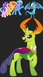 Size: 720x1285 | Tagged: safe, artist:alexdti, princess ember, starlight glimmer, sunset shimmer, thorax, trixie, changedling, changeling, pony, g4, cape, clothes, female, king thorax, male, screenshots, simple background, transparent background, trixie's cape