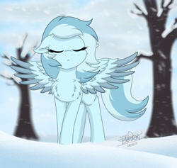 Size: 1280x1213 | Tagged: safe, artist:itsnovastarblaze, oc, oc only, pegasus, pony, cheek fluff, chest fluff, cute, ear fluff, eyes closed, female, mare, shoulder fluff, snow, solo, spread wings, standing, tree, wind, wing fluff, wings