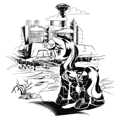 Size: 3096x2920 | Tagged: safe, artist:lexx2dot0, oc, oc only, oc:blackjack, cyborg, pony, unicorn, fallout equestria, fallout equestria: project horizons, series:ph together we reread, amputee, black and white, clothes, cybernetic legs, fanfic art, grayscale, high res, horn, jumpsuit, monochrome, pipbuck, small horn, solo, vault security armor, vault suit