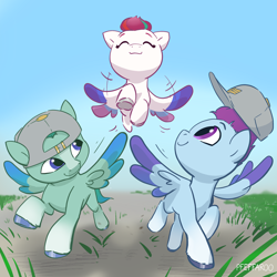 Size: 2048x2048 | Tagged: safe, artist:pfeffaroo, thunder flap, zipp storm, zoom zephyrwing, pegasus, pony, g5, adorazipp, baseball cap, cap, colt, cute, female, filly, filly zipp storm, flying, foal, guard, hat, high res, looking at someone, looking up, male, outdoors, running, smiling, spread wings, trio, turned head, wings, younger