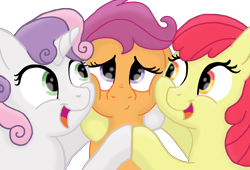 Size: 1480x1004 | Tagged: safe, artist:doodledonutart, apple bloom, scootaloo, sweetie belle, earth pony, pony, g4, cheek squish, cutie mark crusaders, female, filly, hoofbump, hug, missing accessory, scootalove, simple background, squishy cheeks, transparent background, trio