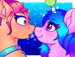 Size: 3500x2674 | Tagged: safe, artist:legionsunite, izzy moonbow, sunny starscout, earth pony, pony, unicorn, g5, my little pony: a new generation, ball, blushing, boop, female, heart eyes, high res, horn, hornball, izzy's tennis ball, lesbian, looking into each others eyes, noseboop, ship:moonscout, shipping, smiling, sweat, sweatdrop, sweatdrops, tennis ball, wide eyes, wingding eyes