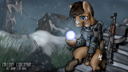 Size: 1920x1080 | Tagged: safe, artist:canagán, oc, oc:wildcard, earth pony, pony, fallout equestria, ak-47, anomaly, assault rifle, crossover, fallout equestria: all roads lead home, gun, metro, metro 2033, moonlight, rifle, roadside picnic, ruins, s.t.a.l.k.e.r., scar, snow, stalliongrad, thousand yard stare, weapon