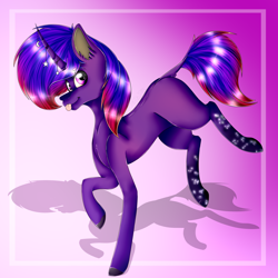 Size: 1920x1920 | Tagged: safe, artist:chazmazda, oc, oc only, pony, unicorn, :p, ear fluff, full body, gem, gradient, gradient background, hair, horn, light, lighting, markings, shade, shading, shadow, shine, shiny, short hair, smiling, solo, speedpaint, tongue out