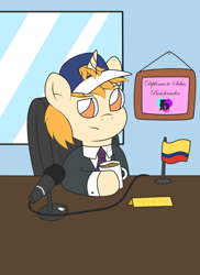 Size: 2550x3509 | Tagged: safe, artist:sparkfler85, derpibooru exclusive, oc, oc only, oc:sebasbro, pony, unicorn, chair, clothes, coffee, coffee mug, colombia, diploma, flag, hat, high res, microphone, mug, necktie, office, office chair, ponylatino, solo, suit, window