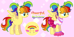 Size: 3690x1848 | Tagged: safe, artist:einar cor, oc, oc:cheerful rainbow, pegasus, pony, bangs, blue eyes, character design, cheerleader, cheerleader outfit, clothes, cutie mark, freckles, multicolored hair, pigtails, pom pom, rainbow hair, skirt, yellow coat