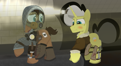 Size: 943x517 | Tagged: safe, artist:whiski, oc, oc:whiski, oc:wildcard, earth pony, pony, unicorn, fallout equestria, crossover, fallout equestria: all roads lead home, metro, metro 2033, roadside picnic, s.t.a.l.k.e.r., stalliongrad, worried