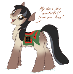 Size: 2359x2392 | Tagged: safe, artist:jh, oc, oc only, oc:cold shoulder, pony, yakutian horse, dialogue, dock, high res, implied anon, looking back, open mouth, saddle, simple background, smiling, snow mare, tack, white background