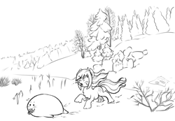 Size: 1207x836 | Tagged: safe, artist:anonymous, oc, oc only, oc:pine ponder, pony, seal, yakutian horse, chase, crying, female, mare, monochrome, pinecone, pone, running, snow, snow mare, stealing, thief, tree