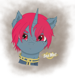 Size: 1087x1117 | Tagged: safe, artist:lonewriter, oc, oc:sea mist, pony, unicorn, fallout equestria, bust, crossover, fallout, fallout equestria: all roads lead home, happy, red eyes, simple background