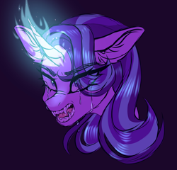 Size: 2862x2742 | Tagged: safe, artist:gunya, starlight glimmer, pony, vampire, g4, aggression, bust, crying, curved horn, eyebrows, eyebrows visible through hair, fangs, grin, high res, horn, magic, portrait, sketch, smiling, solo, teeth