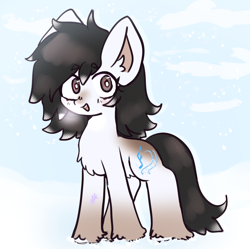 Size: 1032x1027 | Tagged: safe, artist:nyansockz, artist:ube, oc, oc only, earth pony, pony, yakutian horse, breath, chest fluff, cold, day, ear fluff, eyebrows, eyebrows visible through hair, female, fluffy, looking at you, mare, open mouth, open smile, outdoors, sky, smiling, smiling at you, snow, snow mare, snowfall, solo, unshorn fetlocks
