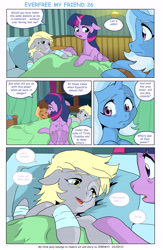 Size: 5901x9026 | Tagged: safe, artist:jeremy3, derpy hooves, trixie, twilight sparkle, oc, alicorn, pony, unicorn, comic:everfree, comic:everfree my friend, g4, bandage, bed, comic, floppy ears, hospital bed, open mouth, speech bubble, twilight sparkle (alicorn)