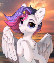Size: 1500x1755 | Tagged: safe, artist:trickate, oc, oc only, oc:doozoo, pegasus, pony, chest fluff, female, mare, ocean, sunset
