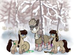 Size: 1057x786 | Tagged: safe, artist:anonymous, oc, oc only, oc:kochab, oc:north star, oc:polaris, pony, yakutian horse, clothes, female, forest, mare, shaman, shrub, siberia, smiling, snow, snow mare, tree