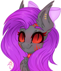 Size: 1200x1400 | Tagged: safe, artist:bananasplitedy, oc, bat pony, bat pony oc, bow, bust, chest fluff, commission, fangs, piercing, portrait, simple background, transparent background