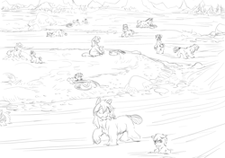 Size: 2508x1764 | Tagged: safe, artist:snspony, oc, oc only, fish, pony, yakutian horse, basket, female, filly, fishing, foal, forest, mare, mountain, mouth hold, river, rock, sketch, snow, snow mare, stream, water