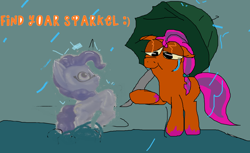 Size: 2184x1336 | Tagged: safe, alternate version, artist:imiya, argyle starshine, sunny starscout, earth pony, pony, g5, father and child, father and daughter, female, gravestone, hoof hold, implied death, intentional spelling error, male, mare, misspelling, rain, stallion, text, toy, umbrella