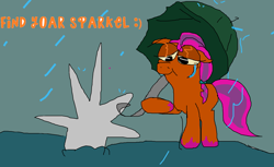 Size: 2195x1339 | Tagged: safe, artist:imiya, sunny starscout, earth pony, pony, g5, female, gravestone, hoof hold, implied argyle starshine, implied death, intentional spelling error, mare, misspelling, rain, text, toy, umbrella