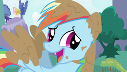 Size: 1920x1080 | Tagged: safe, screencap, rainbow dash, pegasus, pony, friendship is magic, g4, season 1, 1080p, covered in mud, cute, dashabetes, female, mare, mud, muddy, open mouth, open smile, ponyville, smiling, solo