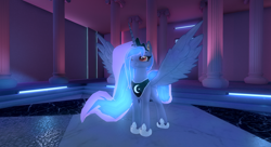 Size: 1280x694 | Tagged: safe, artist:syah, princess luna, alicorn, pony, g4, 3d, 3d model, crown, eyelashes, hoof shoes, jewelry, palindrome get, peytral, red eyes, regalia, smiling, solo, spread wings, wings