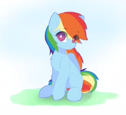 Size: 2463x2240 | Tagged: safe, artist:jfrxd, rainbow dash, pegasus, pony, g4, chest fluff, cute, dashabetes, eye clipping through hair, eyebrows, eyebrows visible through hair, female, gradient background, grin, high res, looking at you, mare, sitting, smiling, solo, white pupils, wing fluff