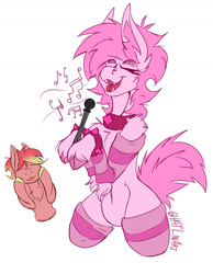 Size: 1400x1800 | Tagged: safe, artist:hyflin, oc, oc only, oc:alxtrak, oc:orichalcum evergreen, earth pony, pony, clothes, cuffs, male, microphone, nudity, singing, socks, tail, unshorn fetlocks