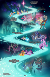 Size: 3500x5369 | Tagged: safe, artist:light262, applejack, discord, fluttershy, king sombra, lord tirek, nightmare moon, pinkie pie, queen chrysalis, rainbow dash, rarity, spike, sunset shimmer, twilight sparkle, alicorn, centaur, changeling, changeling queen, draconequus, dragon, pony, unicorn, taur, comic:together forever, a canterlot wedding, equestria girls, friendship is magic, g4, my little pony equestria girls, the crystal empire, the return of harmony, twilight's kingdom, crying, crystal heart, female, magic, male, mane seven, mane six, sunset satan, twilight sparkle (alicorn)