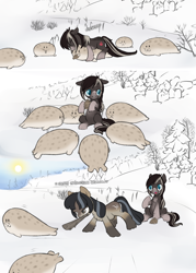 Size: 1080x1512 | Tagged: safe, artist:anonymous, oc, oc only, oc:cold shoulder, oc:pine ponder, pony, seal, yakutian horse, club (weapon), colored, crying, descriptive noise, forest, growling, pinecone, snow mare, sun, surrounded, tree