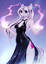 Size: 3000x4200 | Tagged: safe, artist:vincher, oc, oc only, oc:yiazmat, unicorn, anthro, absurd file size, black dress, clothes, cutie mark, dress, female, horn, latex, magic, rule 63, scar, side slit, solo, total sideslit, unicorn oc