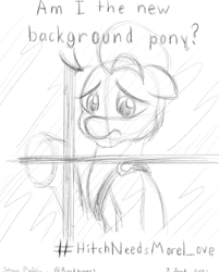 Size: 736x917 | Tagged: safe, artist:rockhoppr3, hitch trailblazer, earth pony, pony, g5, background pony hitch, bronybait, cute, floppy ears, hashtag, hitchbetes, implied hitchabuse, male, monochrome, sad, sad hitch, solo, stallion, window