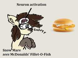 Size: 694x517 | Tagged: safe, artist:anonymous, oc, oc only, pony, yakutian horse, brown mane, female, fluffy, food, mcdonald's, meme, ms paint, neuron activation, sandwich, snow mare, solo