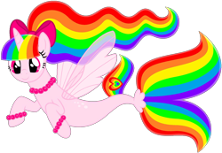 Size: 1280x888 | Tagged: safe, artist:ra1nb0wk1tty, oc, oc only, oc:rainbow kitty, alicorn, pony, seapony (g4), base used, dorsal fin, female, fin wings, fish tail, flowing mane, flowing tail, horn, jewelry, multicolored hair, necklace, pearl necklace, pink eyes, ribbon, seaponified, simple background, smiling, solo, species swap, tail, transparent background, wings