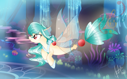 Size: 3105x1932 | Tagged: safe, artist:judelinfrostan, oc, oc only, alicorn, pony, seapony (g4), base used, coral, dorsal fin, female, fin wings, fins, fish tail, flowing mane, flowing tail, ocean, red eyes, seaquestria, seaweed, signature, smiling, solo, swimming, tail, throne room, underwater, water, watermark, wings