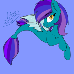 Size: 2000x2000 | Tagged: safe, artist:chainsmokers-ponies, oc, oc only, pegasus, pony, seapony (g4), blue background, dorsal fin, eyelashes, fin wings, fish tail, high res, looking at you, seaponified, signature, simple background, smiling, solo, species swap, tail, wings, yellow eyes