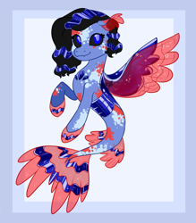 Size: 1222x1395 | Tagged: safe, artist:sapphirescarletta, oc, oc only, changedling, changeling, hybrid, seapony (g4), adoptable, blue eyes, blue mane, dorsal fin, fin wings, fins, fish tail, flowing tail, looking at you, seaponified, simple background, smiling, solo, species swap, tail, wings