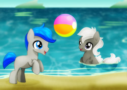 Size: 2912x2059 | Tagged: safe, artist:jucamovi1992, oc, oc only, earth pony, pony, seapony (g4), beach, beach ball, blue eyes, blue mane, colt, dorsal fin, duo, fish tail, high res, male, open mouth, sand, sky, smiling, tail, water, white mane