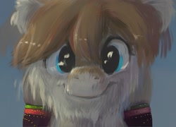 Size: 1951x1402 | Tagged: safe, artist:mandumustbasukanemen, oc, oc only, earth pony, pony, yakutian horse, blue eyes, brown mane, bust, c:, cheek fluff, ear fluff, female, fluffy, fur, looking at you, mare, portrait, smiling, smiling at you, snow mare, solo