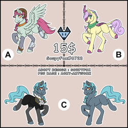 Size: 2500x2500 | Tagged: safe, artist:soupyfox, oc, earth pony, kirin, pegasus, pony, adoptable, bandana, base used, chest fluff, clothes, fangs, glasses, group, high res, horns, p2u base, ram horns, socks