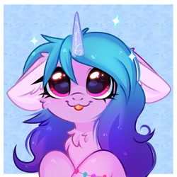 Size: 1024x1024 | Tagged: safe, alternate version, artist:pesty_skillengton, izzy moonbow, pony, unicorn, g5, my little pony: a new generation, spoiler:my little pony: a new generation, :3, :p, bust, cheek fluff, chest fluff, cute, ear fluff, female, floppy ears, izzybetes, mare, solo, tongue out