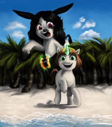 Size: 3614x4096 | Tagged: safe, artist:misstwipietwins, oc, oc only, oc:elinvar, oc:inkenel, oc:oretha, pony, unicorn, beach, macro, micro, open mouth, open smile, size difference, smiling, tree, water wings