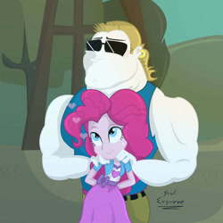 Size: 1000x1000 | Tagged: safe, artist:dashdeviant, bulk biceps, pinkie pie, equestria girls, g4, female, hand on shoulder, larger male, male, muscles, muscular male, pieceps, shipping, smaller female, straight, sunglasses