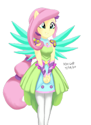 Size: 683x936 | Tagged: safe, artist:astevenamedwolf, fluttershy, equestria girls, g4, my little pony equestria girls: legend of everfree, breasts, cleavage, crystal guardian, crystal wings, cute, daaaaaaaaaaaw, female, geode of fauna, green wings, legs together, magical geodes, ponied up, shyabetes, simple background, solo, transparent background, wings